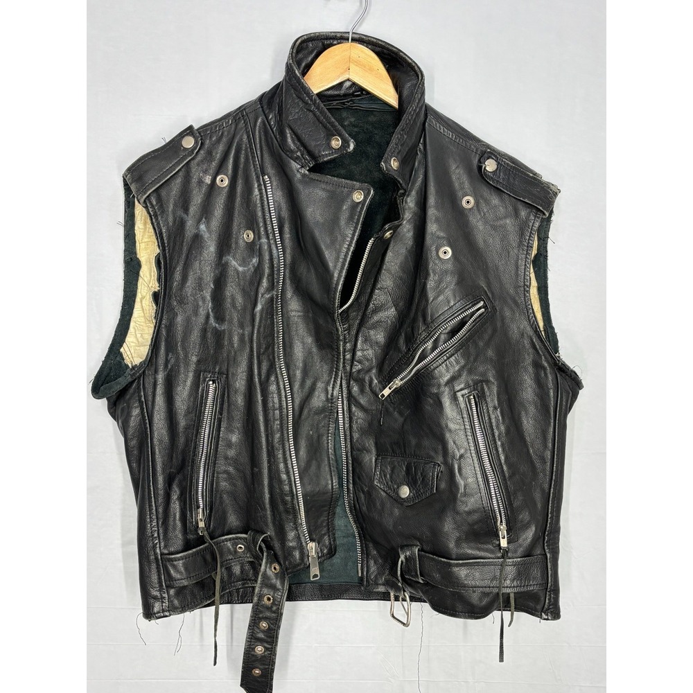 Biker Vest Black Leather Motorcycle Unique Artwork Graphic Vintage Orange 9mm